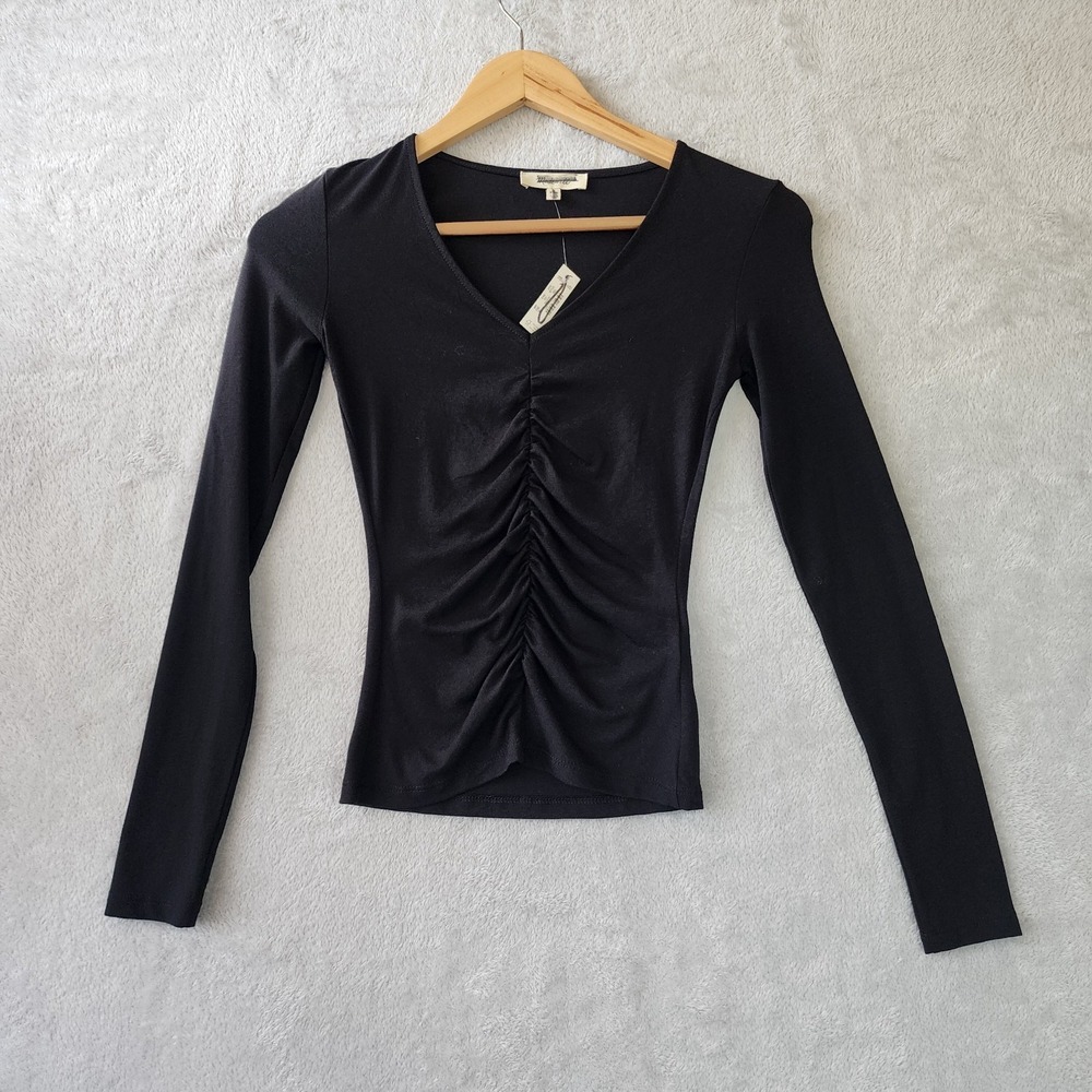 Madewell Top Womens Size XXS Jet Black Shirred Front Long Sleeve Butter Soft NWT